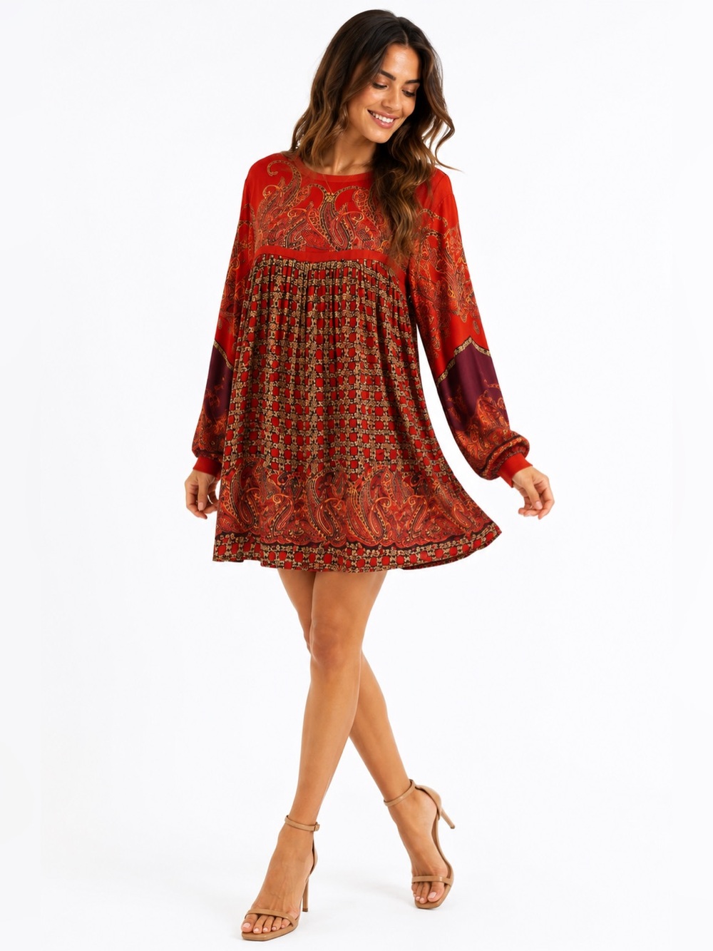 Pinnece Shruti Sancheti Boho Paisley Mixed Print Dress Rust Brown Size Small